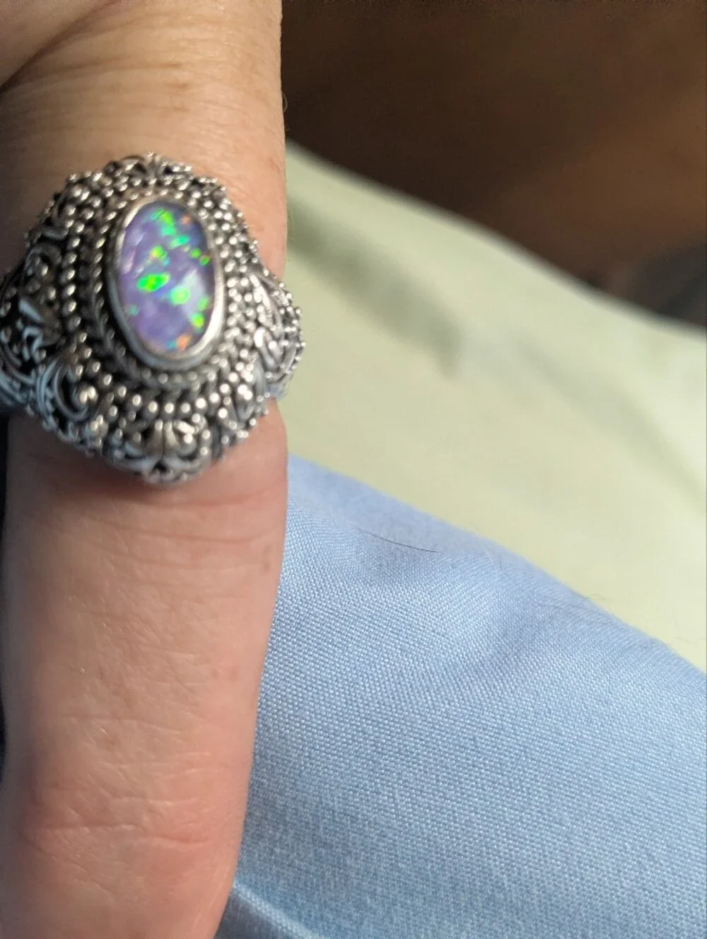 Sterling Silver Filigree Opal Statement Ring - Purple Opal